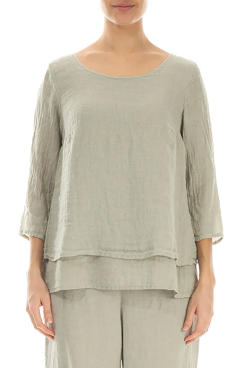 Layered Laurel Green Gauze Linen Blouse