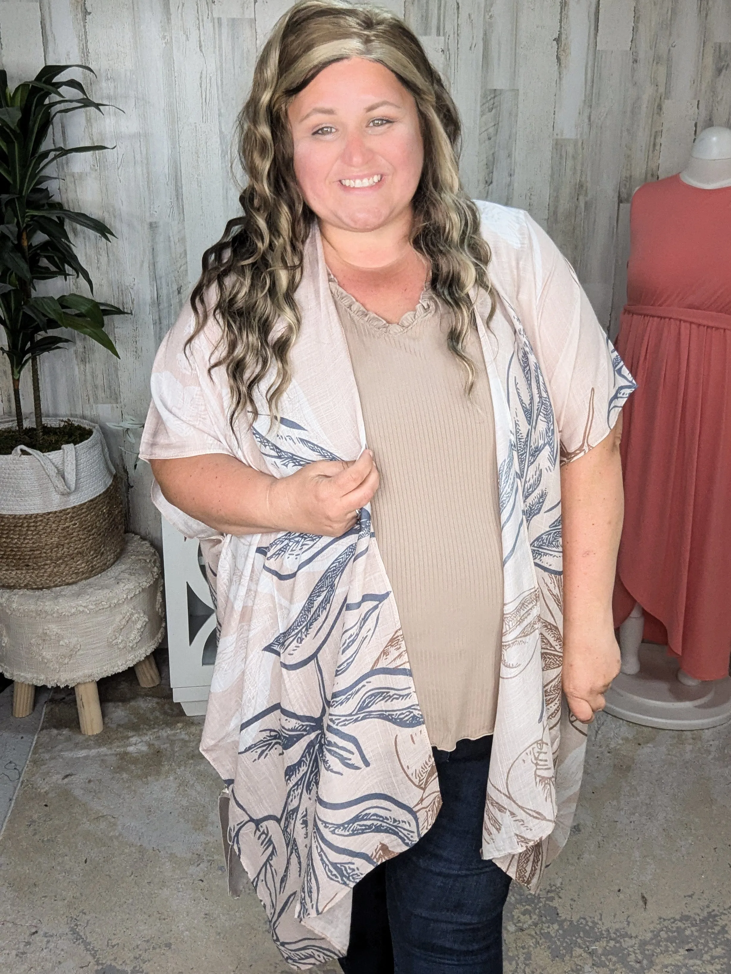 Lettie Flowy Sketched Floral Kimono in Beige   Denim Blue