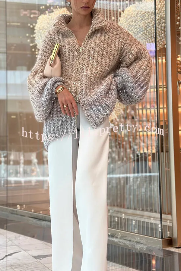 Lilipretty Warm Shining Heart Knit Sequin Balloon Sleeve Zipper Neck Loose Cardigan