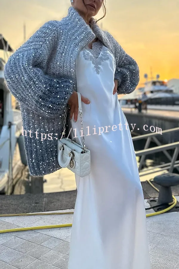 Lilipretty Warm Shining Heart Knit Sequin Balloon Sleeve Zipper Neck Loose Cardigan