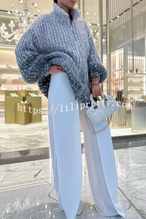 Lilipretty Warm Shining Heart Knit Sequin Balloon Sleeve Zipper Neck Loose Cardigan