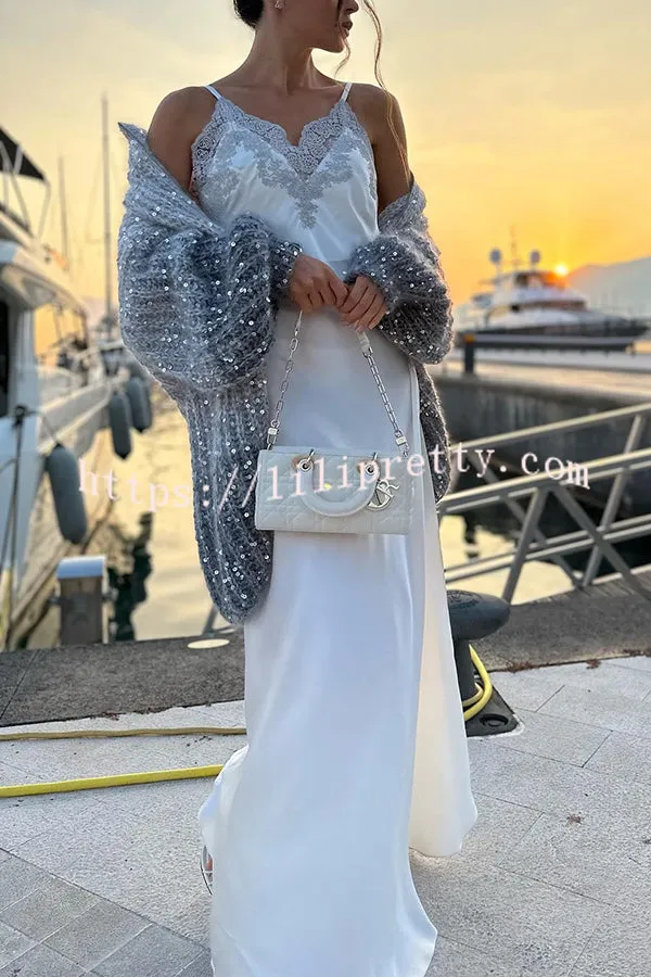 Lilipretty Warm Shining Heart Knit Sequin Balloon Sleeve Zipper Neck Loose Cardigan