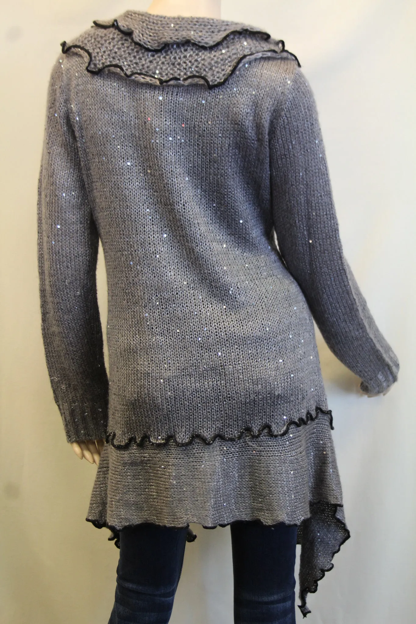 Lily | Crochet Sweater Cardigan Grey with Black Trimming with Sequin