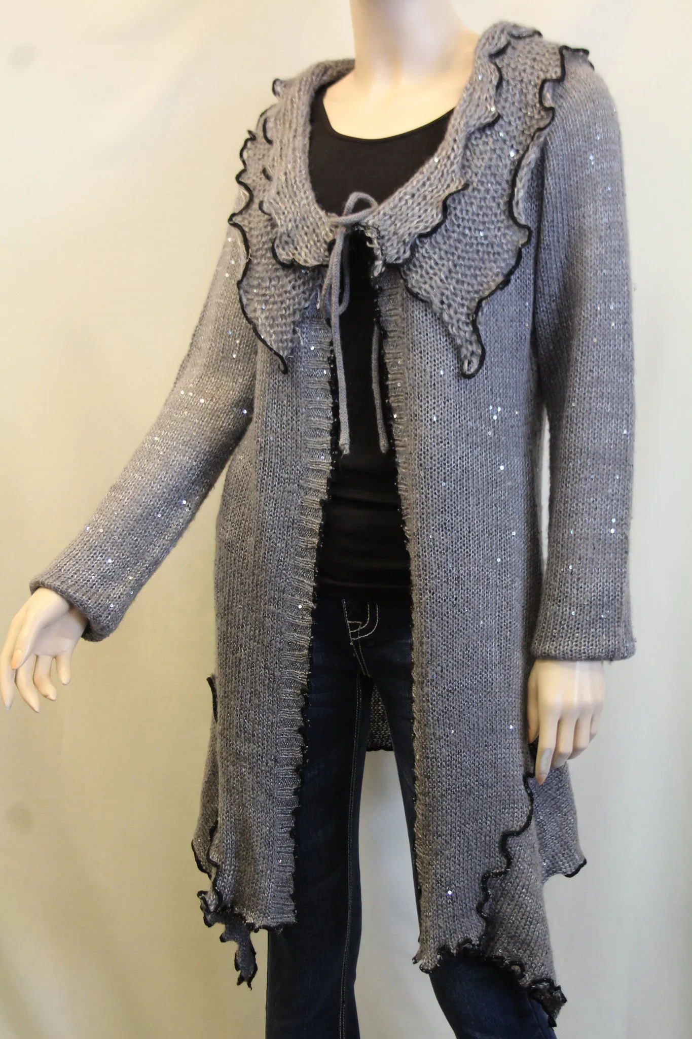 Lily | Crochet Sweater Cardigan Grey with Black Trimming with Sequin