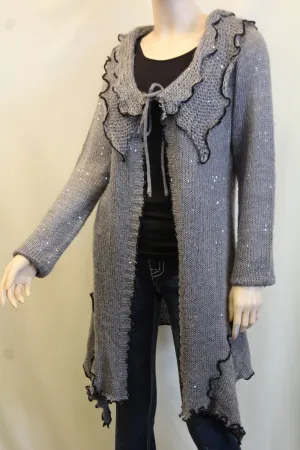 Lily | Crochet Sweater Cardigan Grey with Black Trimming with Sequin