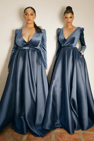LONG SLEEVE VELVET AND MIKADO BALL GOWN- Cinderella Divine CD226 - Special Occasion
