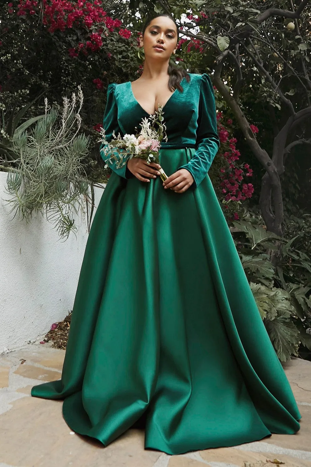 LONG SLEEVE VELVET AND MIKADO BALL GOWN- Cinderella Divine CD226 - Special Occasion