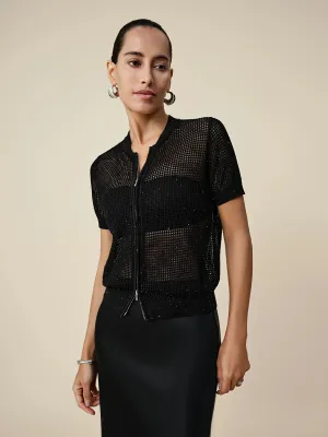 Lyocell & Linen Baseball Collar Sequin Cardigan