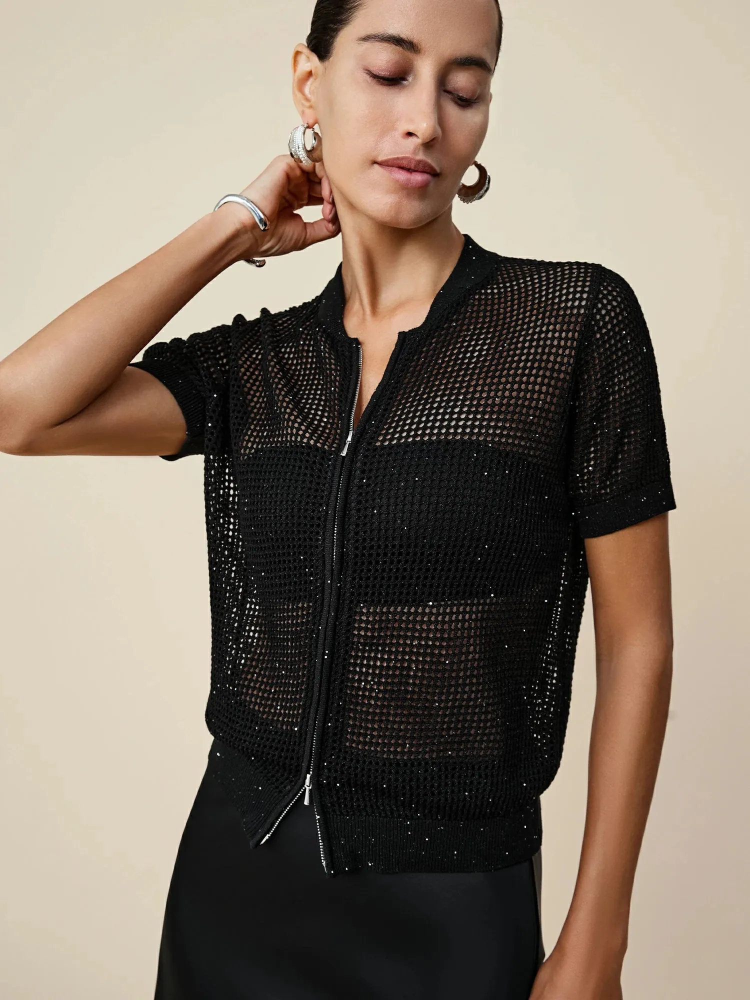 Lyocell & Linen Baseball Collar Sequin Cardigan