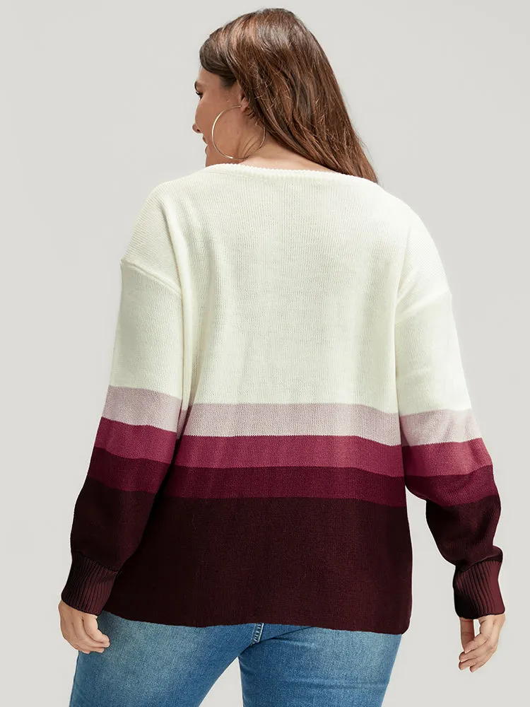 Ombre Contrast Pointelle Knit Round Neck Knit Top