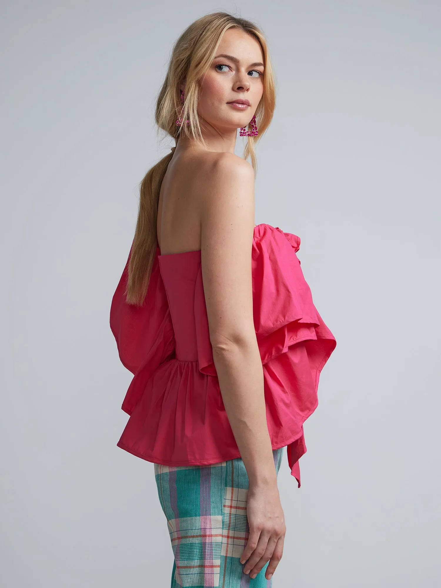 One-Shoulder Rosette Poplin Top