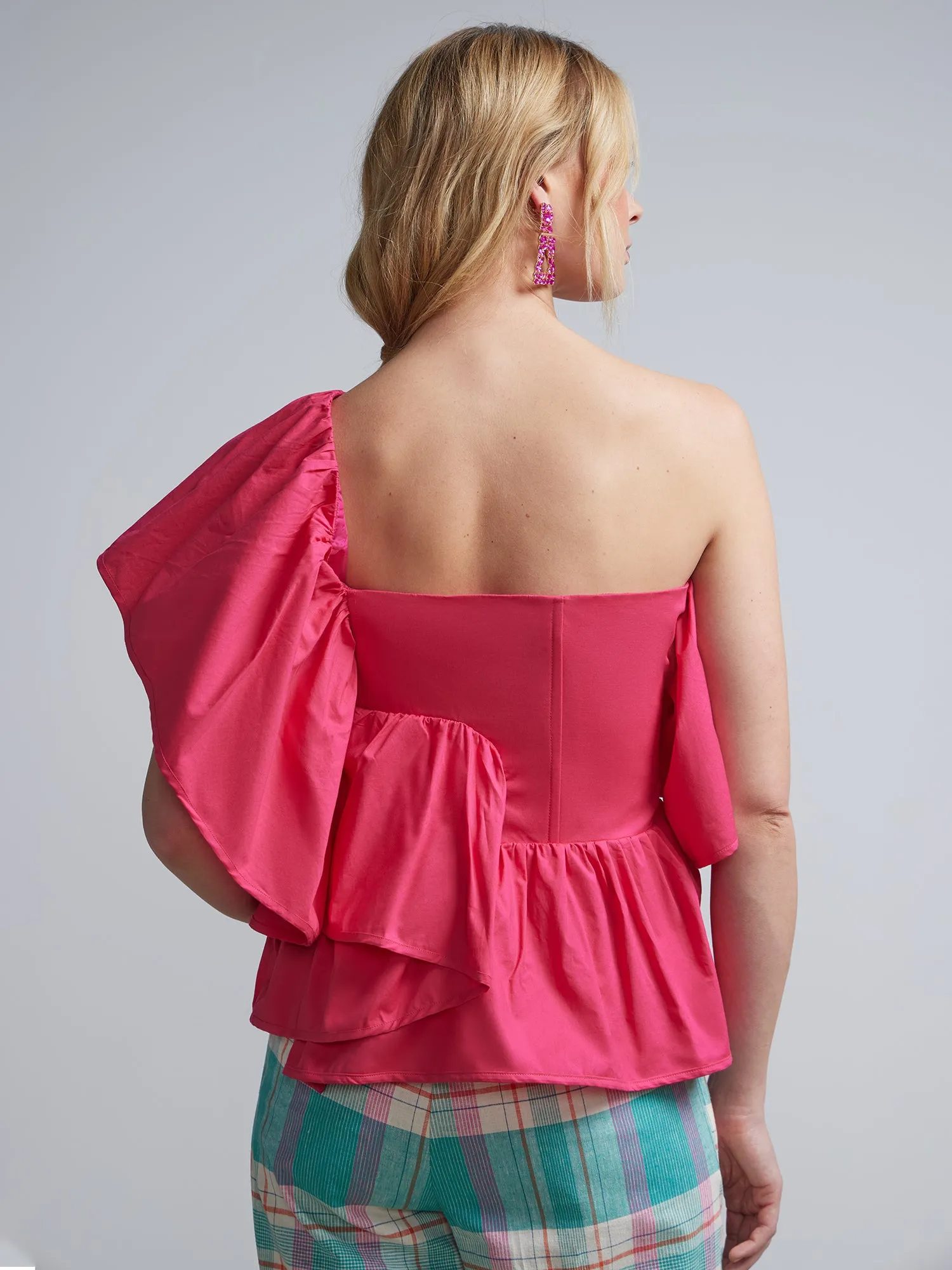 One-Shoulder Rosette Poplin Top