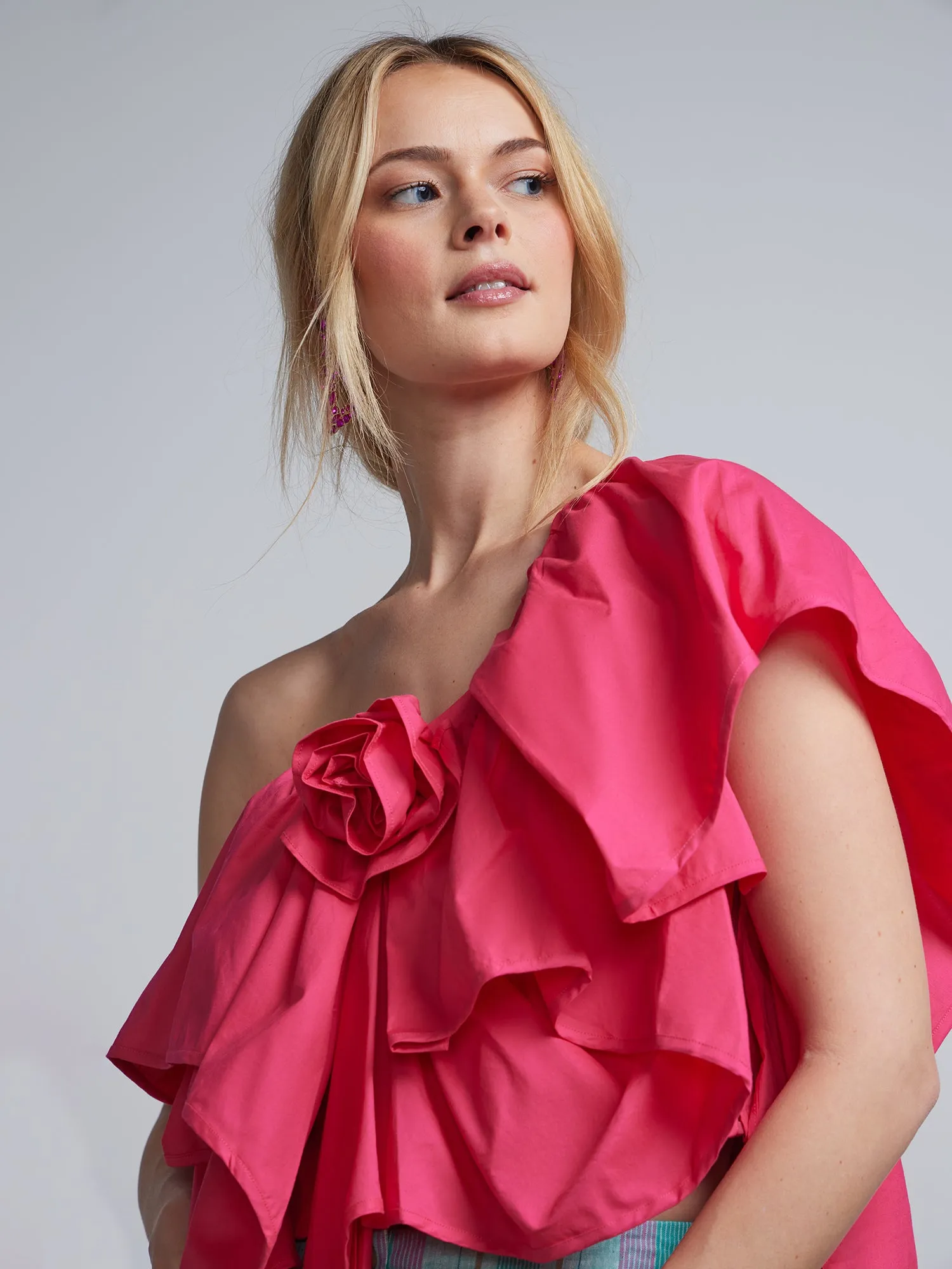 One-Shoulder Rosette Poplin Top