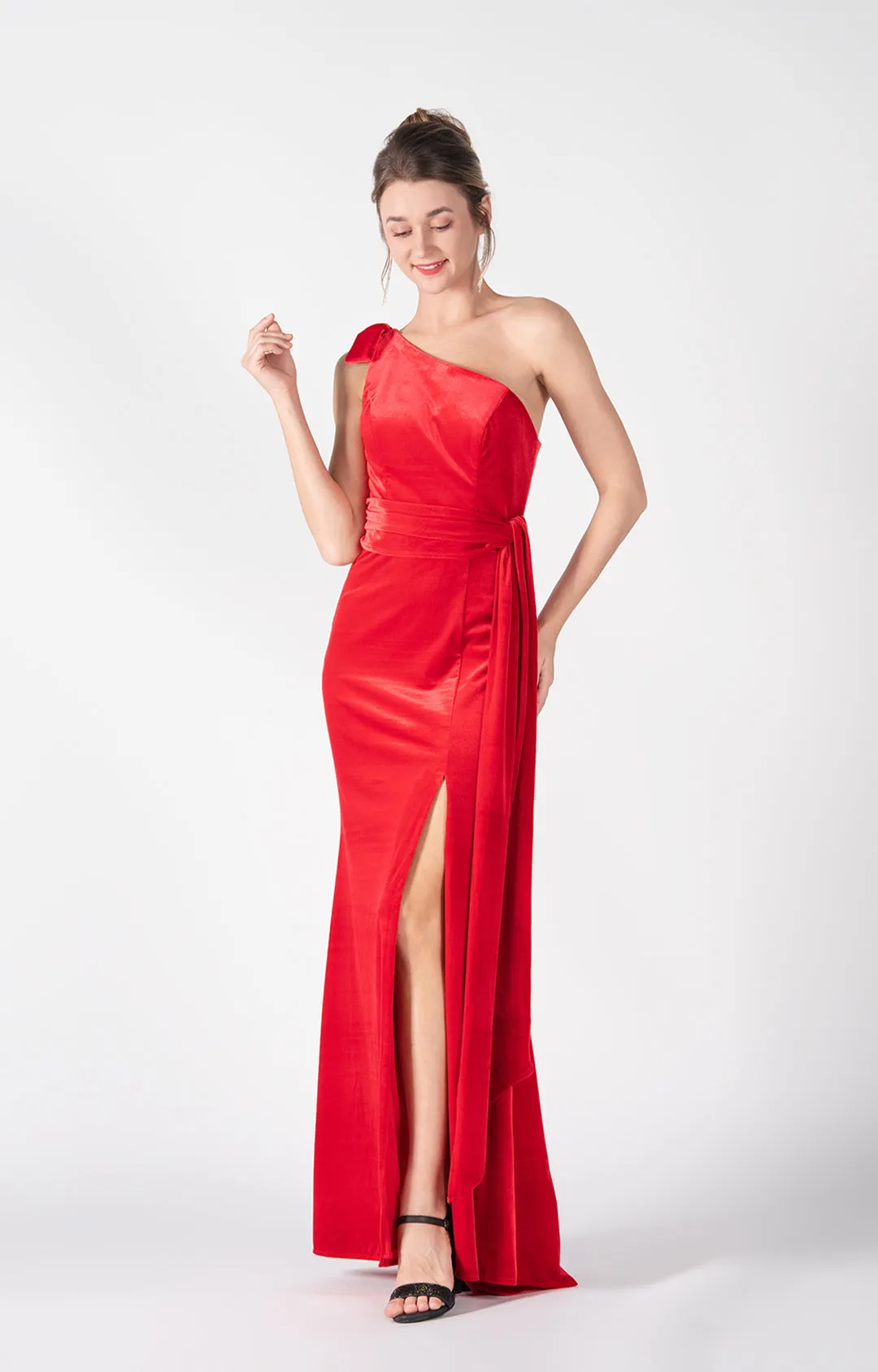 One-Shoulder Tie Detail Front Split Mermaid