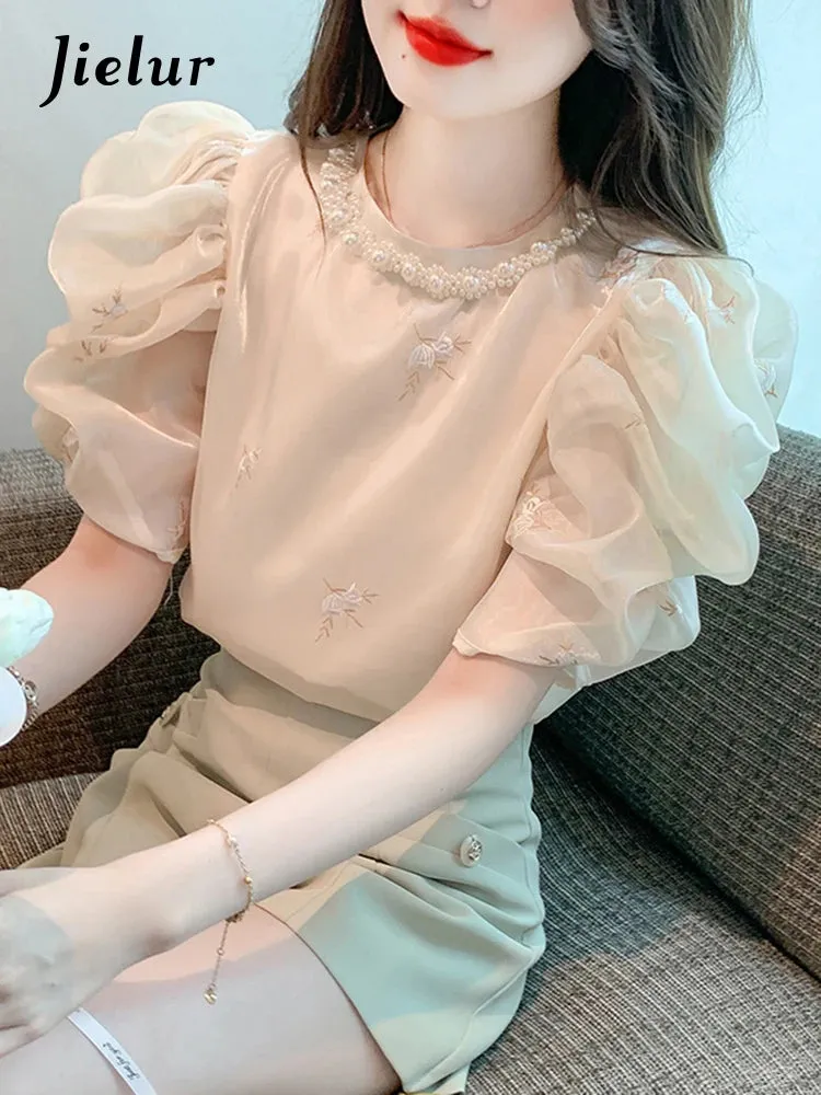 Pearl O-neck Apricot Embroidery Female Blouses Summer Puff Sleeve Elegant Women's Blouse French Style Chic Office Ladies