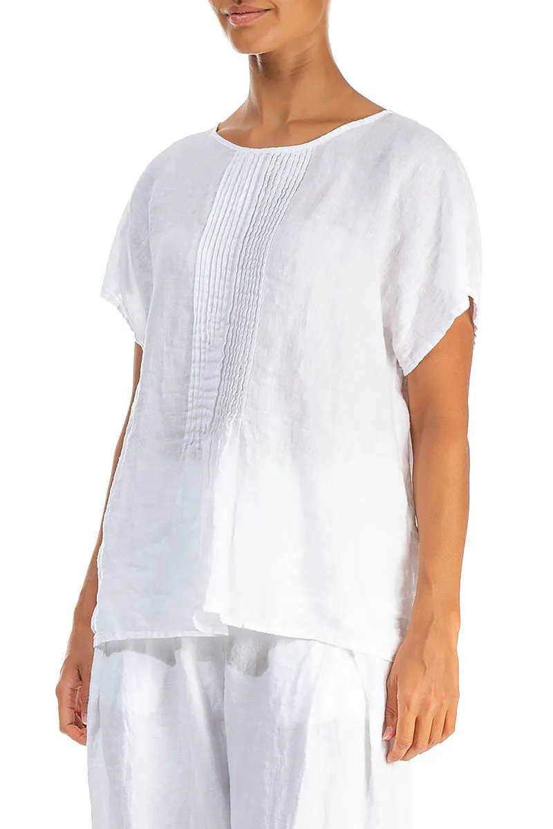 Pin-Tucked Pure White Linen Blouse