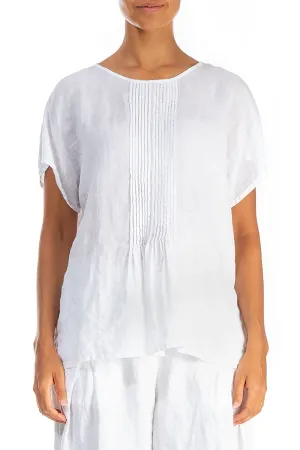 Pin-Tucked Pure White Linen Blouse