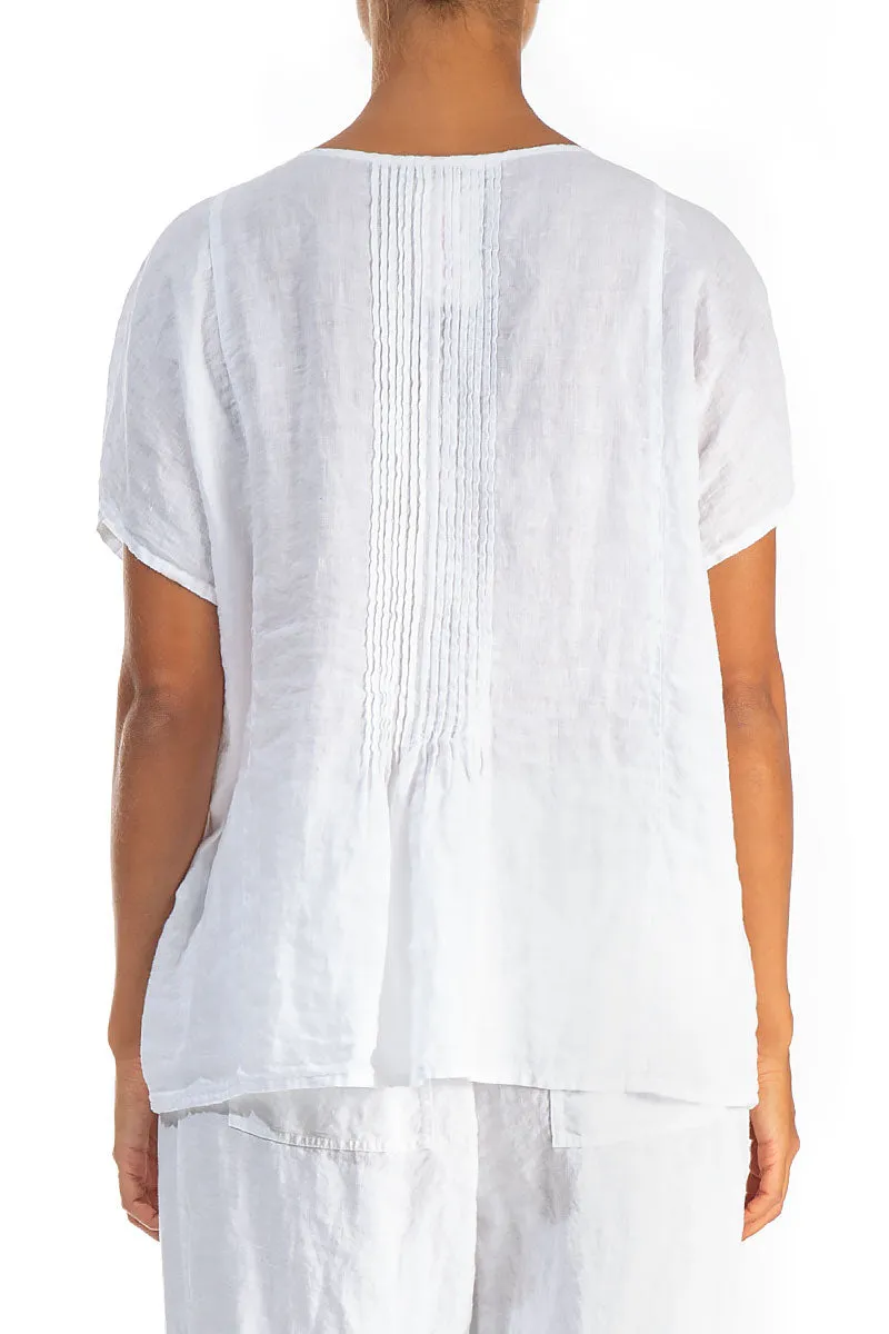 Pin-Tucked Pure White Linen Blouse
