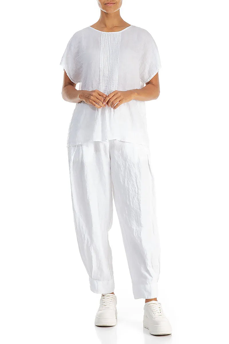 Pin-Tucked Pure White Linen Blouse