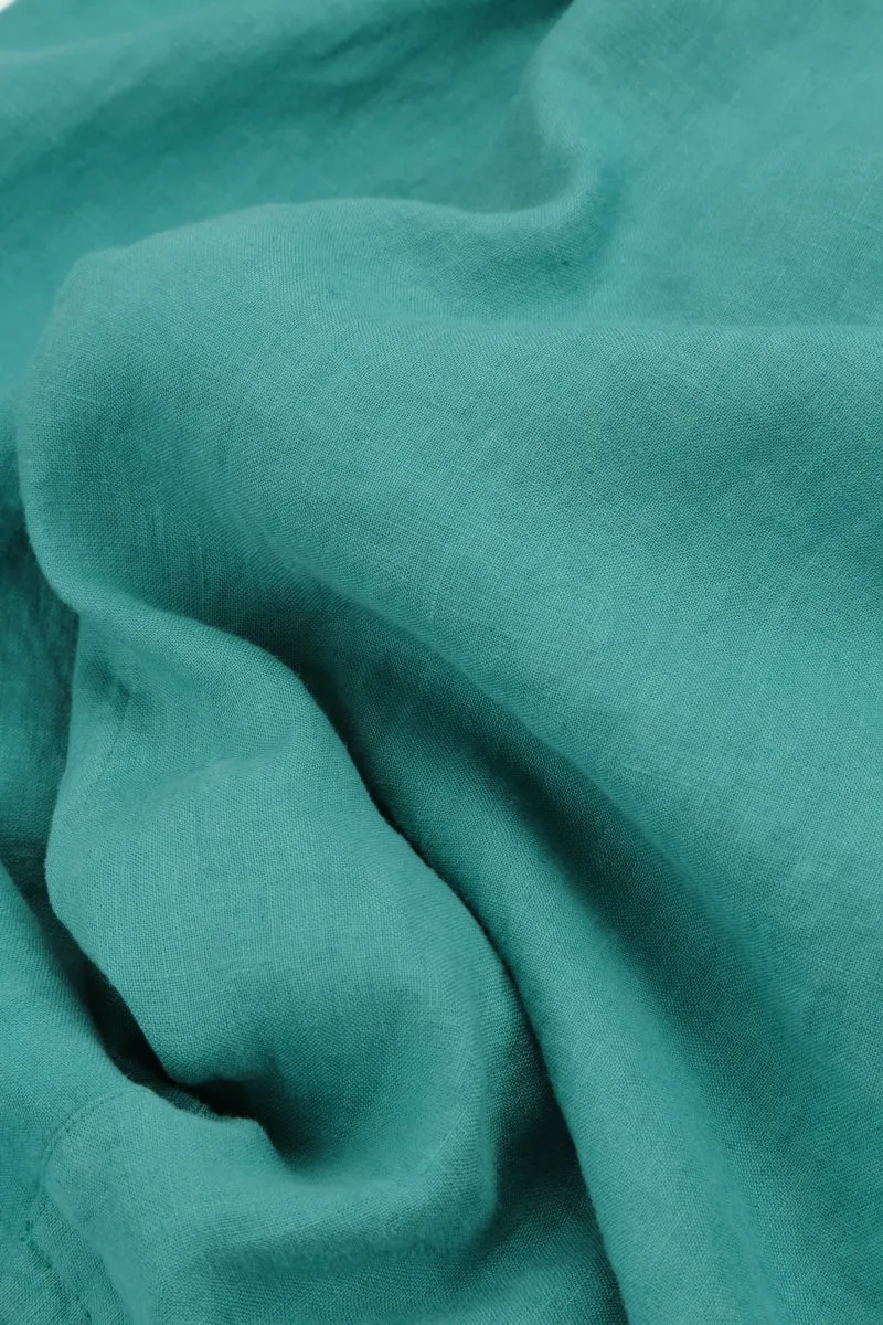 Pin-Tucked Turquoise Linen Blouse