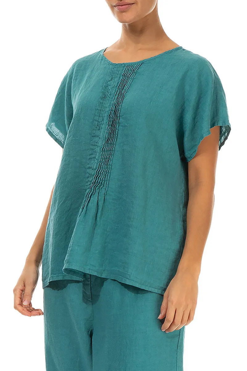 Pin-Tucked Turquoise Linen Blouse
