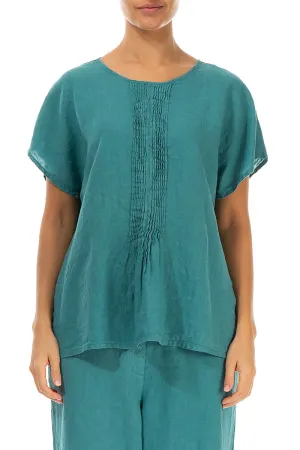 Pin-Tucked Turquoise Linen Blouse