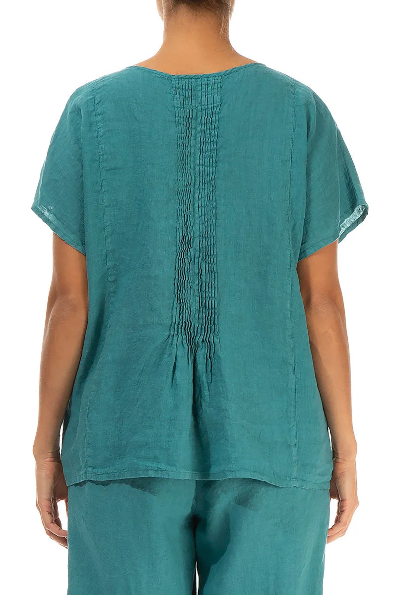 Pin-Tucked Turquoise Linen Blouse