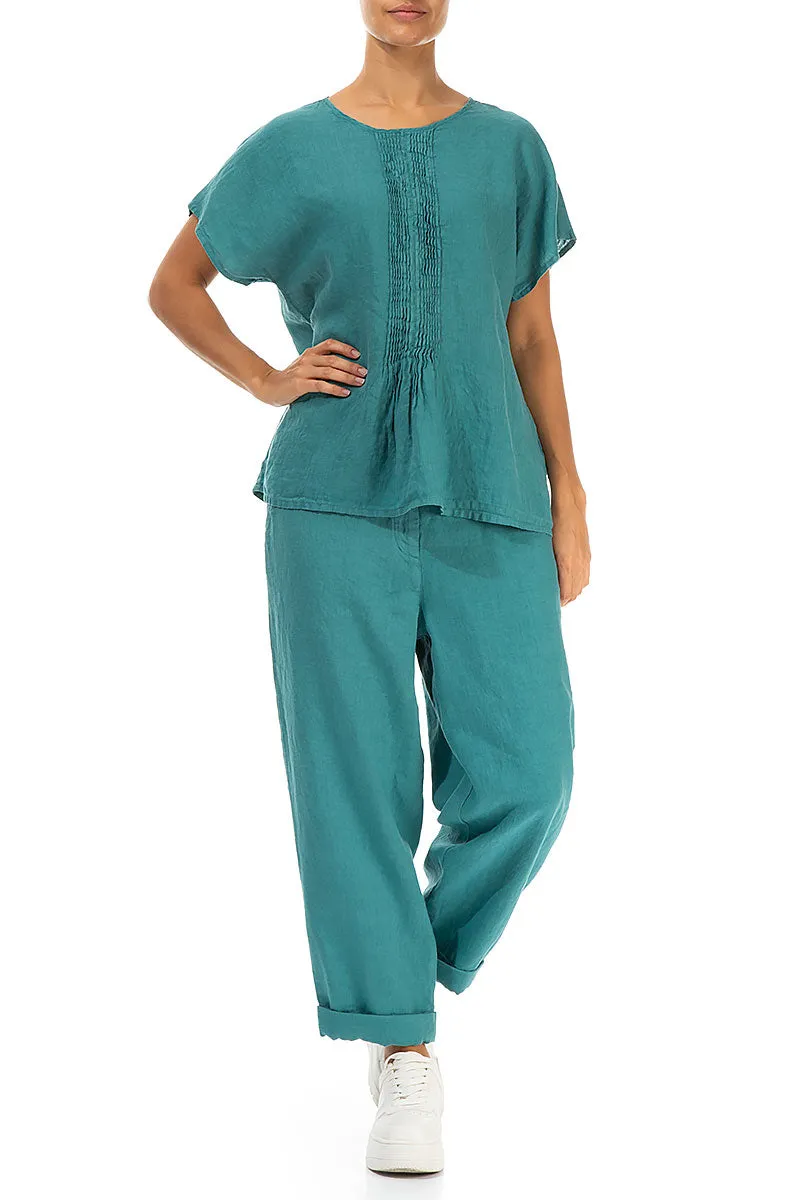 Pin-Tucked Turquoise Linen Blouse