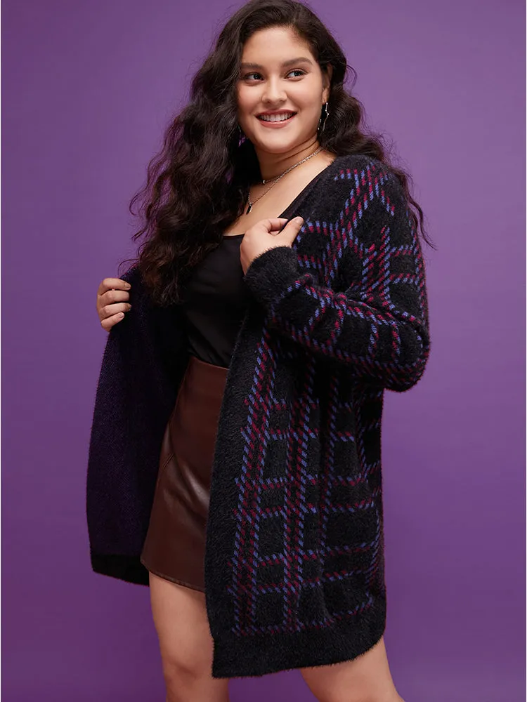Plaid Contrast Soft Sexy Yarn Knit Fluffy Open Front Cardigan