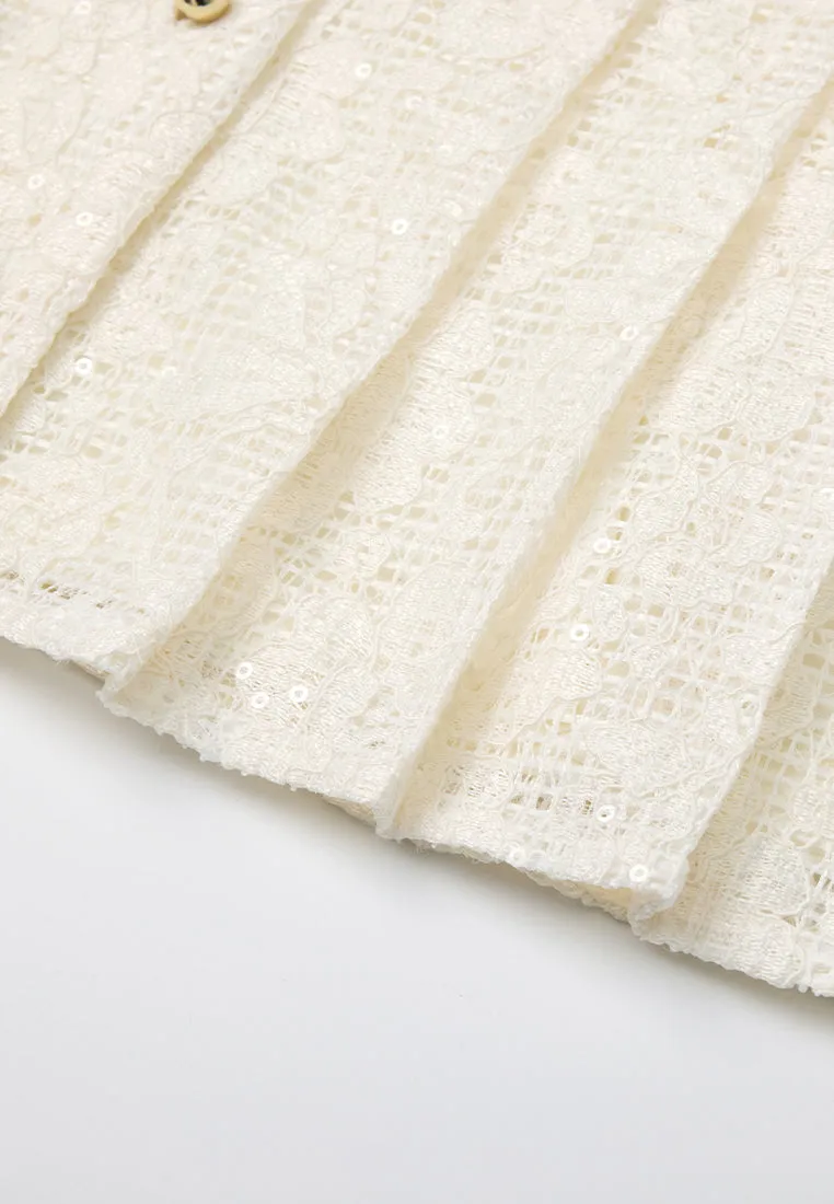 Pleated-detail Mesh-lace Sequin-detail Cropped Jacket