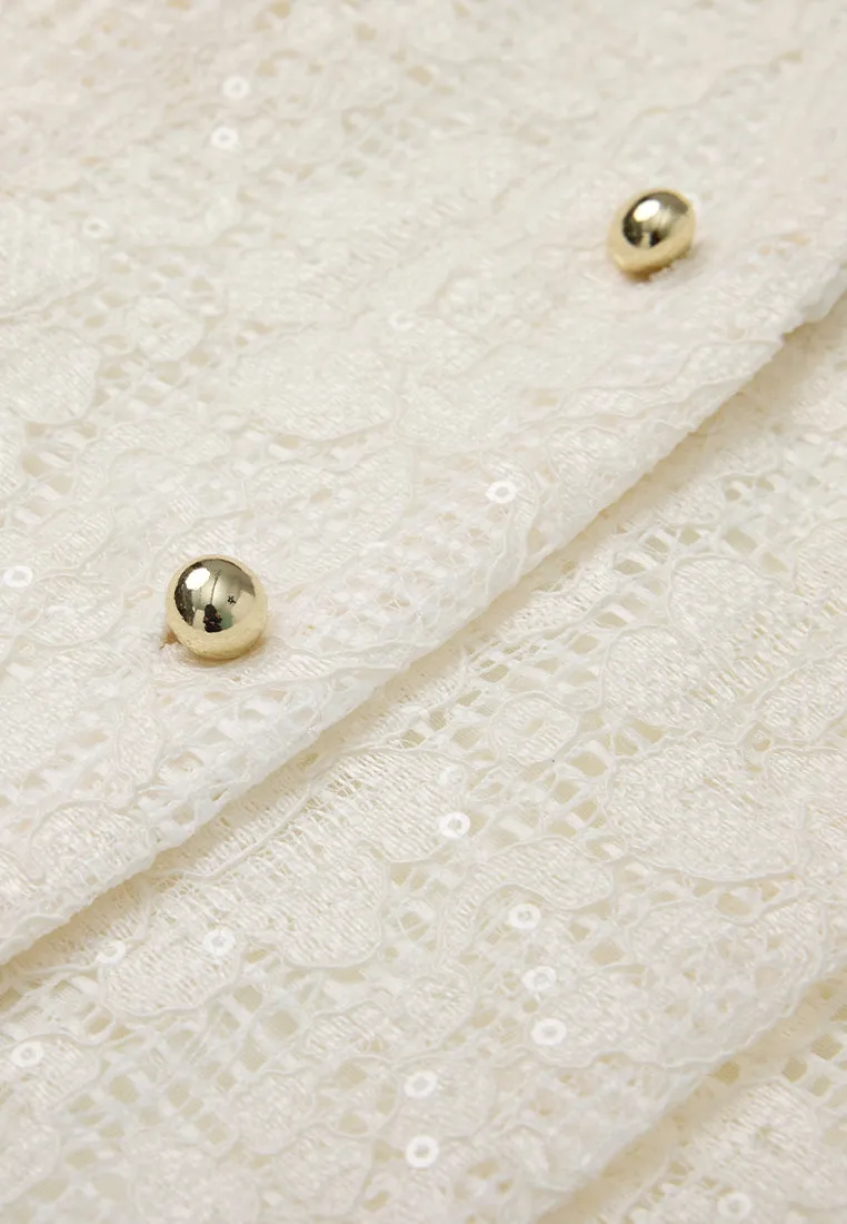 Pleated-detail Mesh-lace Sequin-detail Cropped Jacket