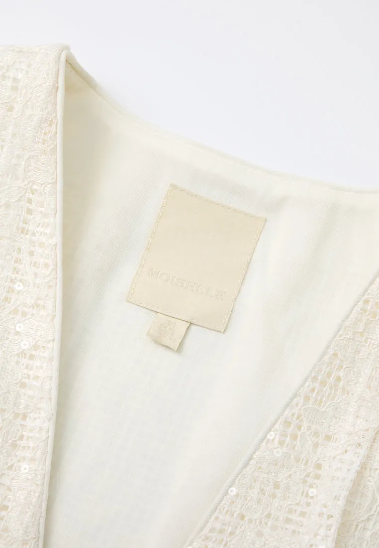Pleated-detail Mesh-lace Sequin-detail Cropped Jacket