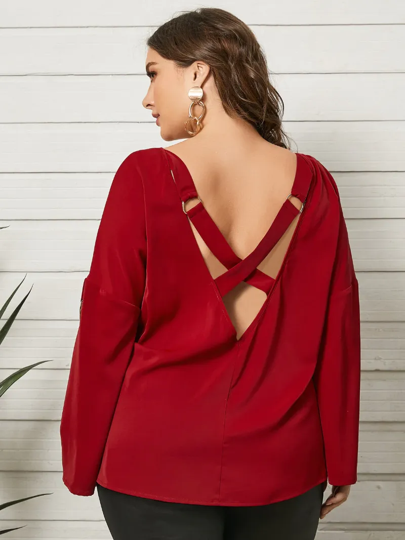 Plus Size Backless Design Criss-Cross Long Sleeves Blouse