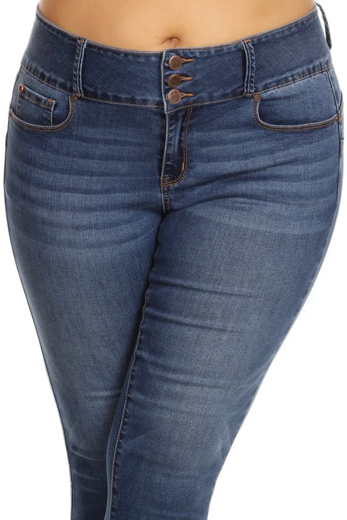 Plus size push up three button jeans