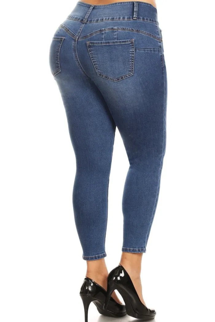 Plus size push up three button jeans
