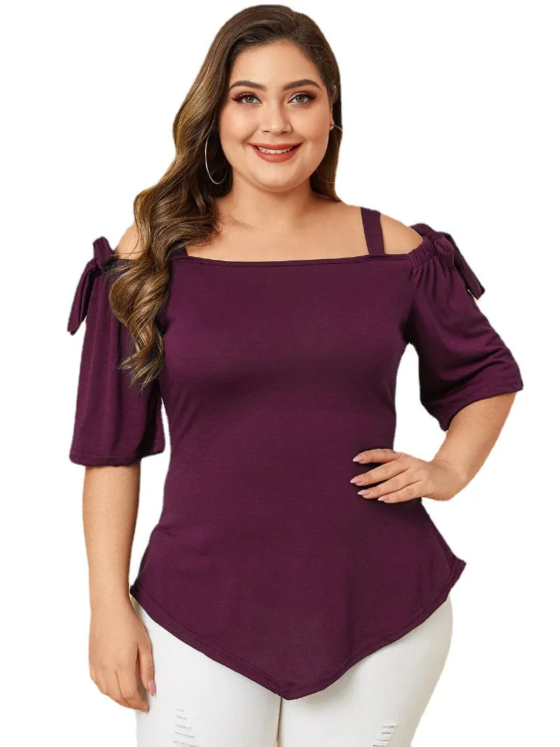 Plus Size Tie-up Design Cold Shoulder Half Sleeve Wild Casual Blouse