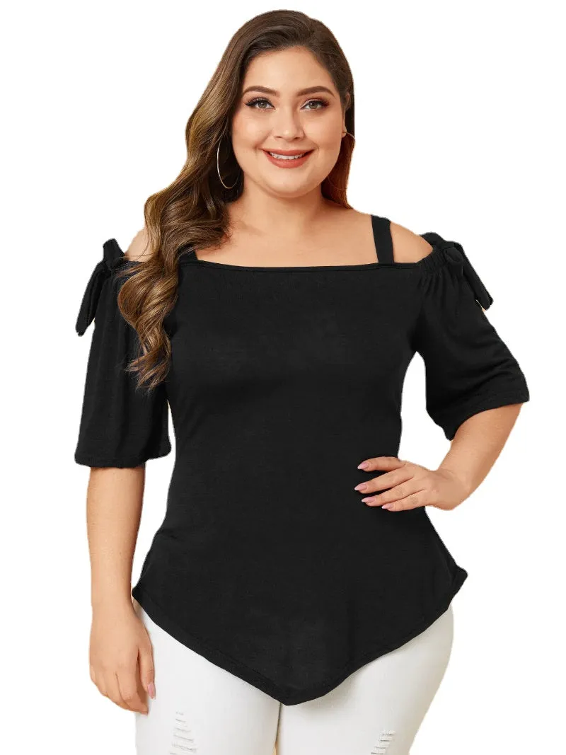 Plus Size Tie-up Design Cold Shoulder Half Sleeve Wild Casual Blouse