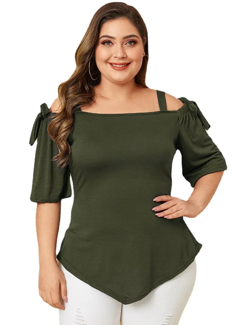 Plus Size Tie-up Design Cold Shoulder Half Sleeve Wild Casual Blouse