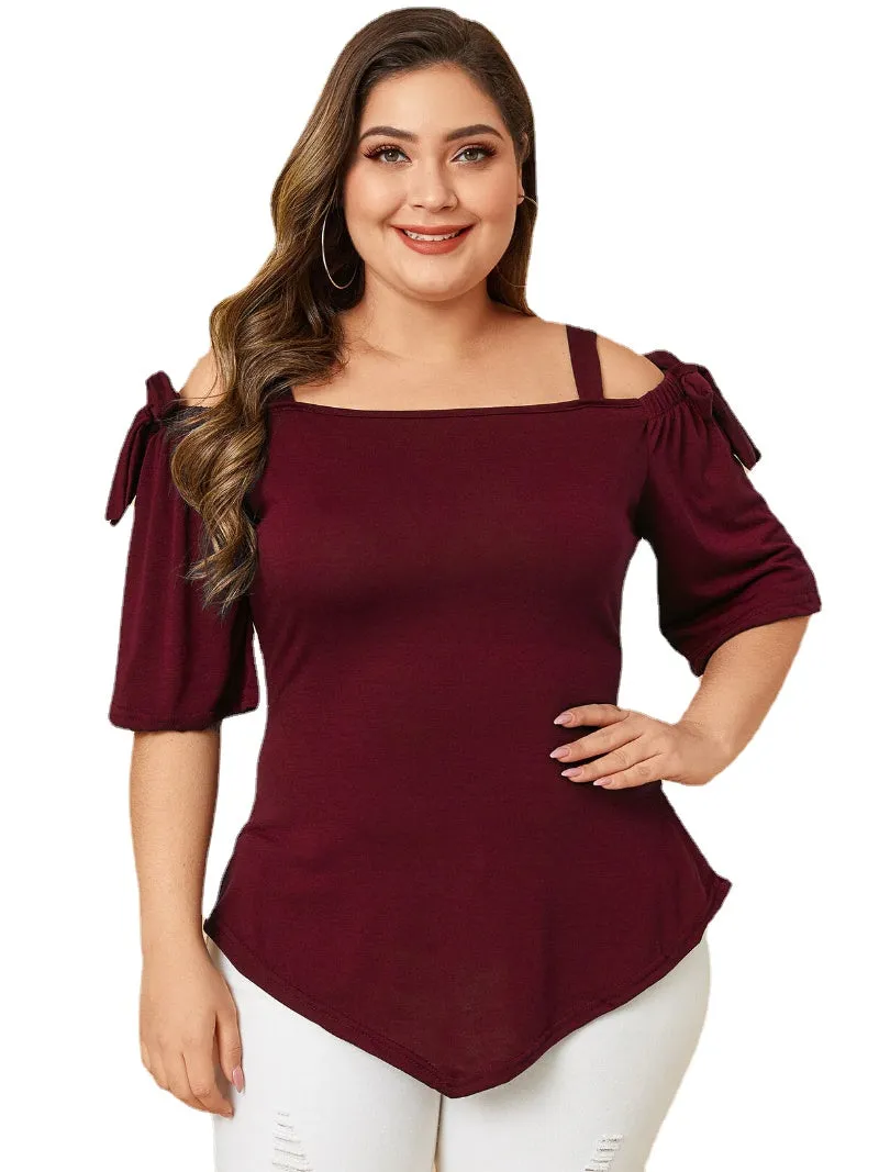 Plus Size Tie-up Design Cold Shoulder Half Sleeve Wild Casual Blouse
