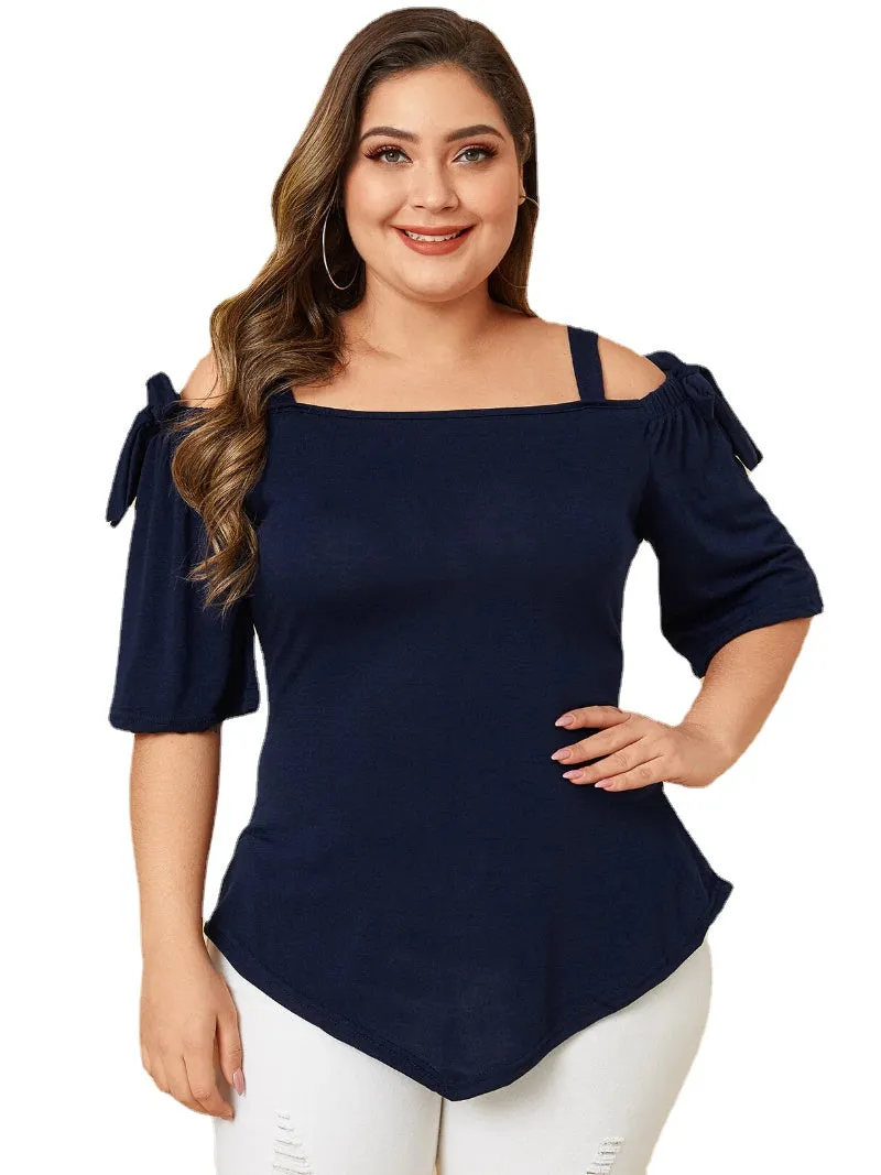 Plus Size Tie-up Design Cold Shoulder Half Sleeve Wild Casual Blouse
