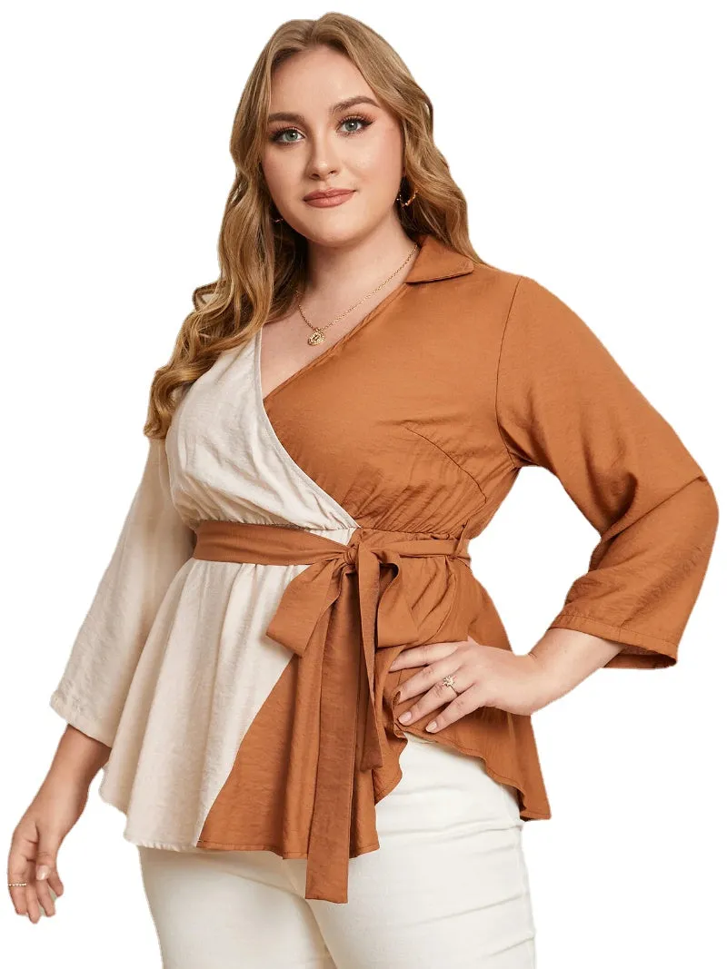 Plus Size V-neck Belt Design Patchwork Blouse