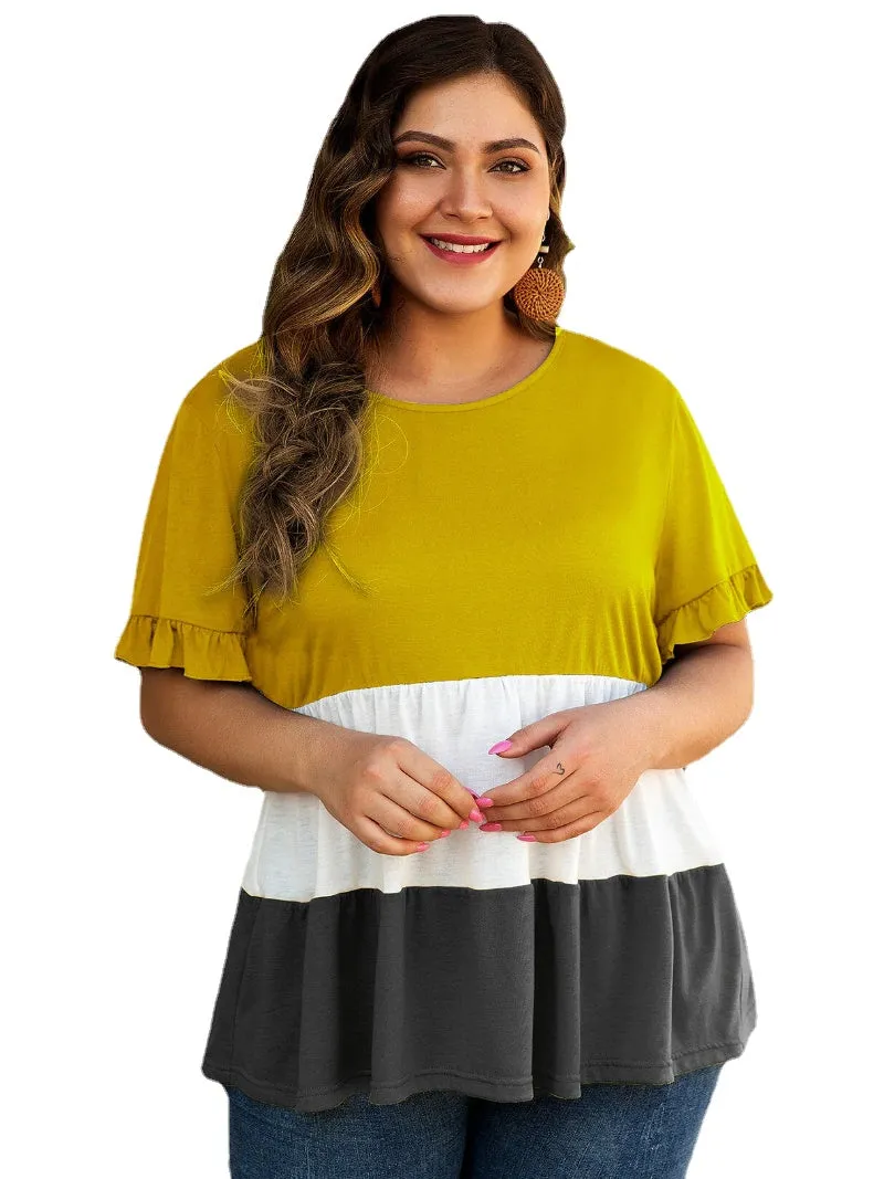 Plus Size Women Hit Color Patchwork Ruffle Sleeve Summer Causal Blouse