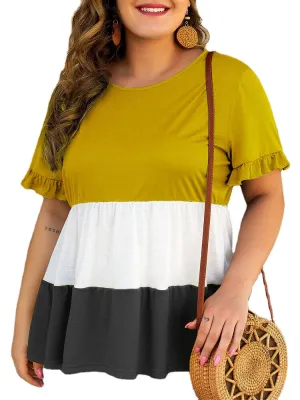 Plus Size Women Hit Color Patchwork Ruffle Sleeve Summer Causal Blouse