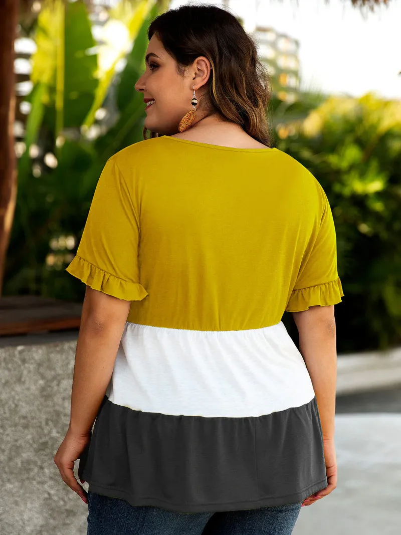 Plus Size Women Hit Color Patchwork Ruffle Sleeve Summer Causal Blouse