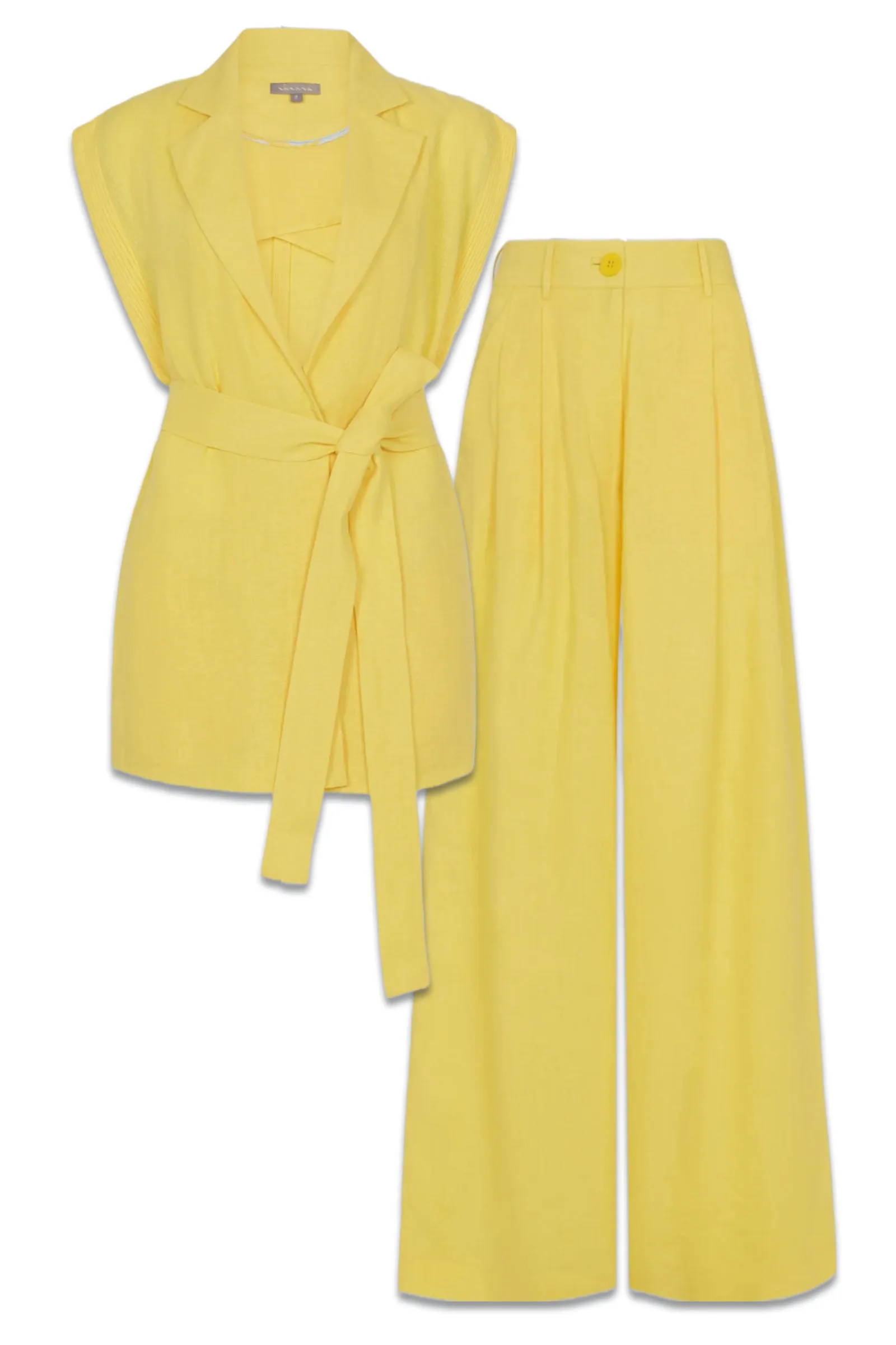 Primrose Linen Sleeveless Belted Wrap Jacket and Wide Leg Trousers