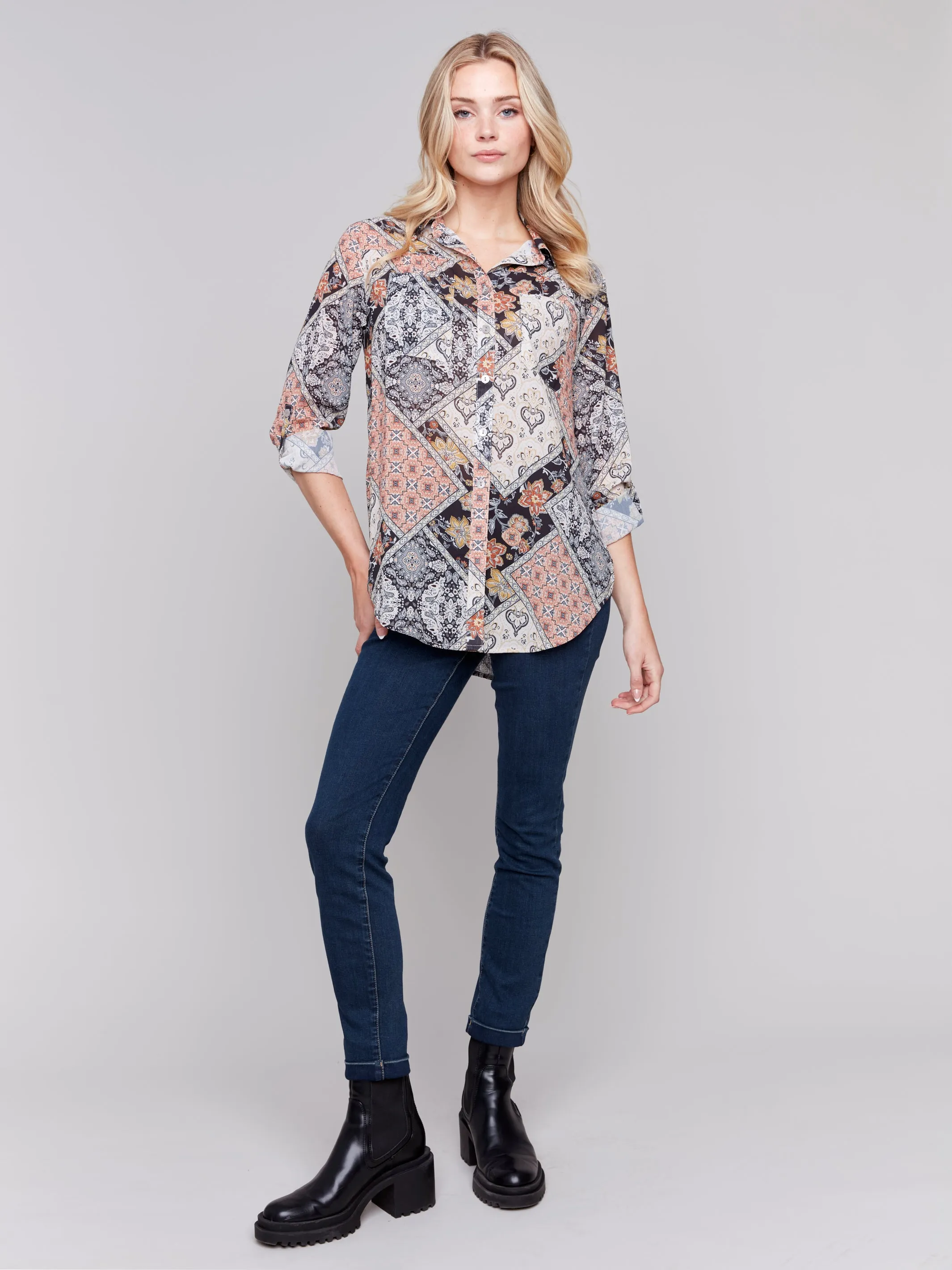 Printed Button-Front Blouse