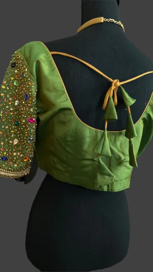 Pure kanchi green silk blouses hand embroidered prestitched