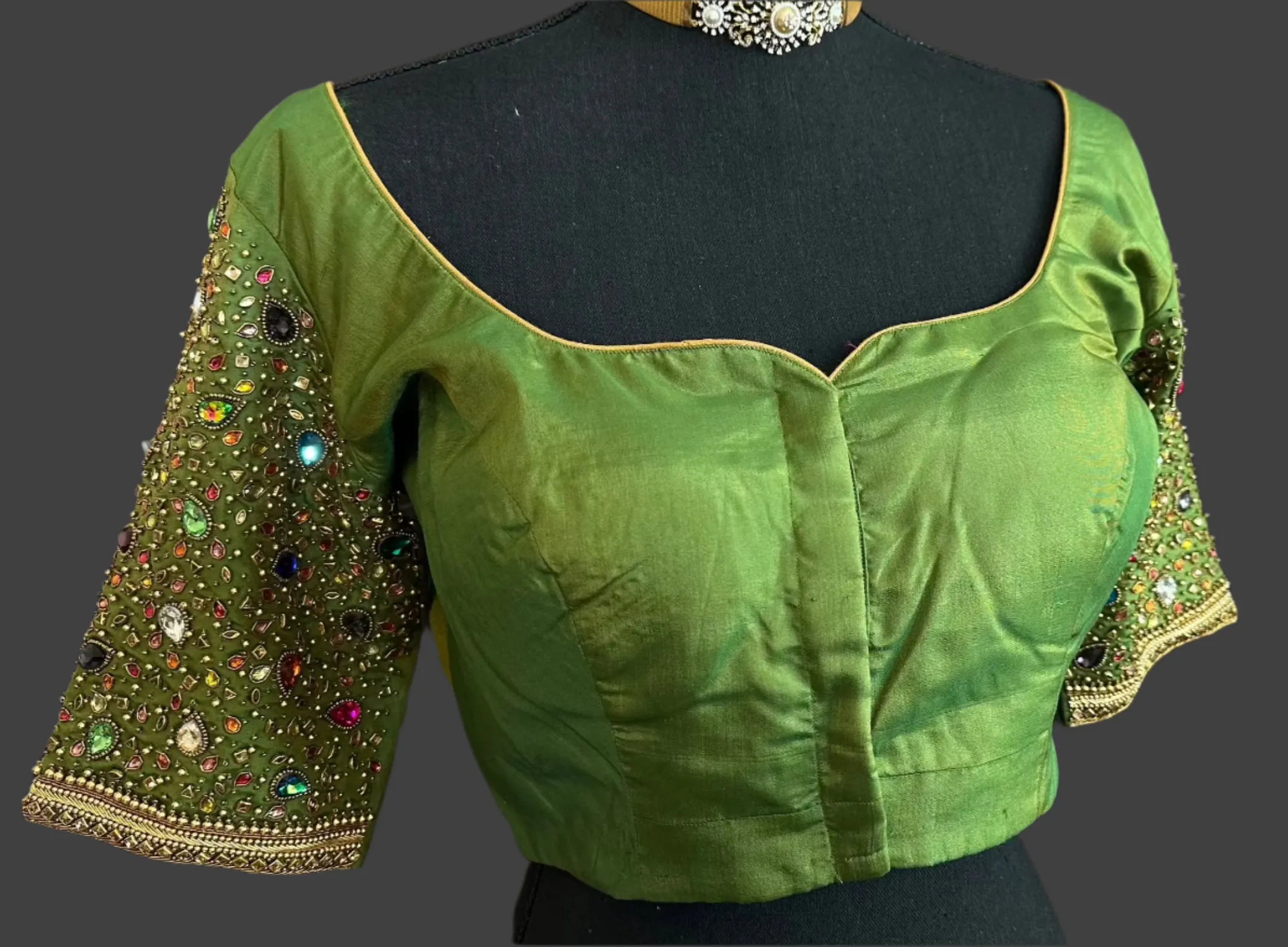 Pure kanchi green silk blouses hand embroidered prestitched