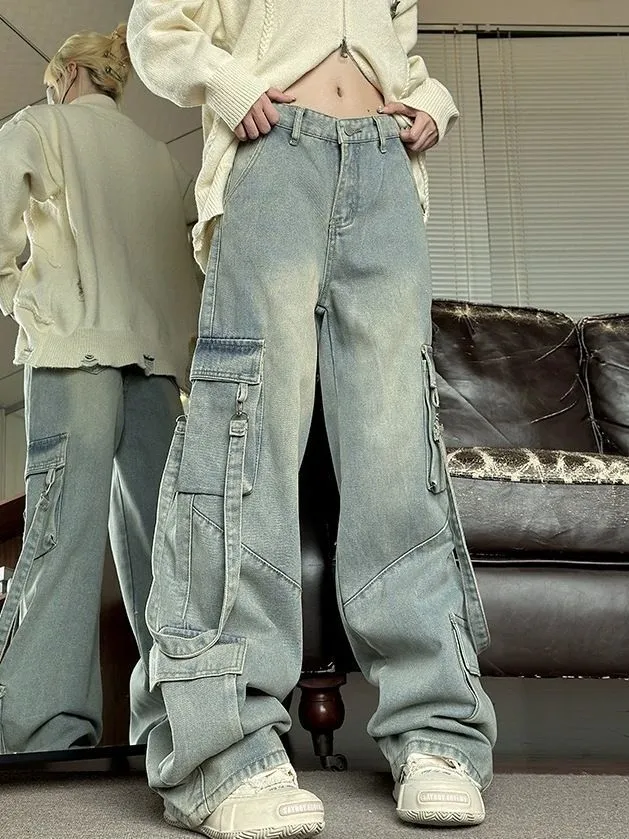 Retro Washed Overalls Wide cargo Jeans