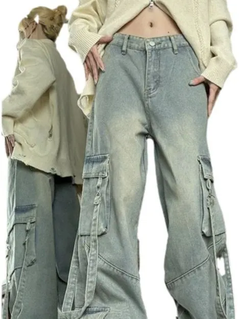 Retro Washed Overalls Wide cargo Jeans